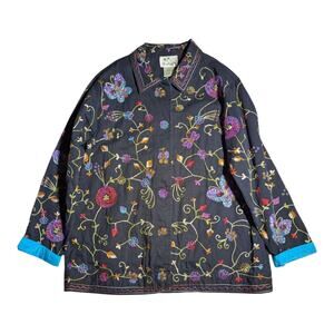 Vtg Y2K Quacker Factory Black Floral Butterfly Embroidered Bead Cotton Jacket M